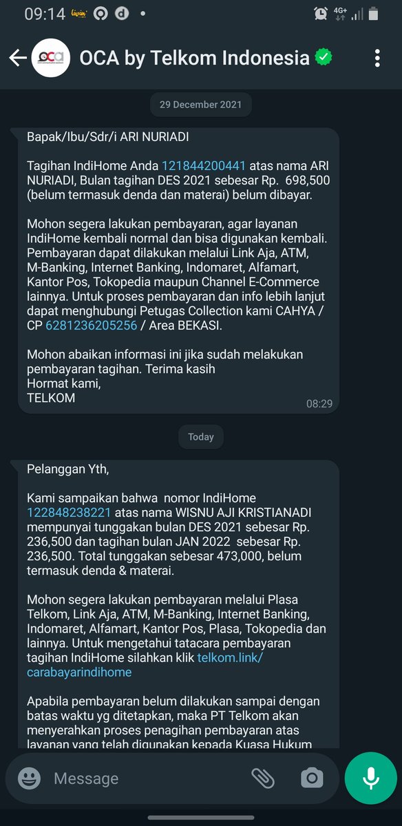 Dalam waktu berdekatan di-WA tagihan IndiHome dengan nama yang berbeda² dan gak ada yg gua kenal. Ini nomer gua dipake buat daftar internet orang apa gimana? Masa sekelas Telkom gak cek kebenaran nomer tlp pelanggan saat pendaftaran? <a href="/TelkomCare/">vil</a> <a href="/TelkomIndonesia/">Telkom Indonesia</a>