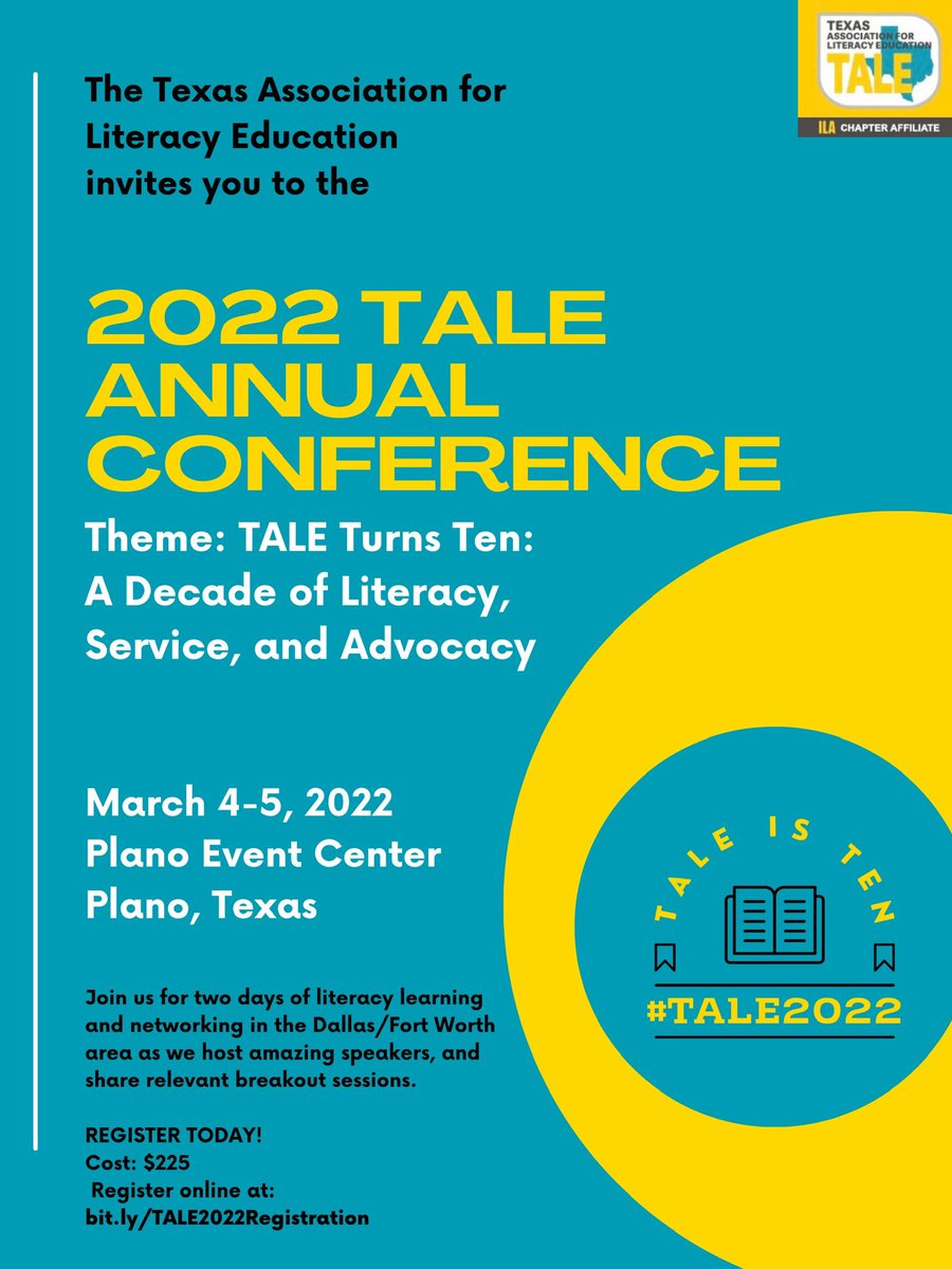TXLiteracyEd's tweet photo. #TALE2022 is approaching…If you were notified as a presenter, please be sure to register for the conference,  so that you do not lose your spot on the program. The new deadline for presenters to register is 1/12/22.  Thank you! Everyone Register at https://t.co/LKwQQ5cvLN https://t.co/3gAkQOVlZd