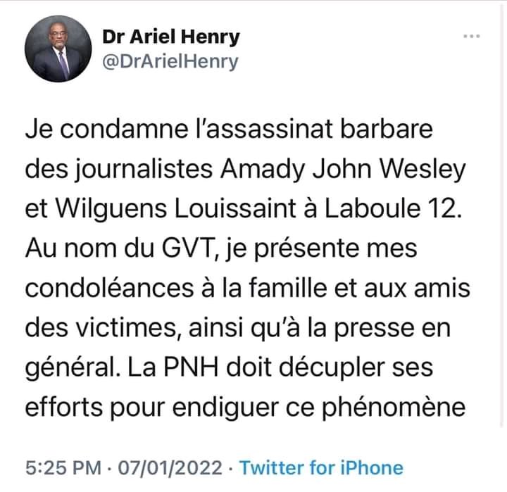 dvh_infos's tweet photo. Declaration du Premier Ministre Dr Ariel Henry en ce qui concerne la mort des garants de l'information à Laboule 12 ce jeudi 06 Janvier 2022.

DVH Infos https://t.co/NdbQ1MWzDn