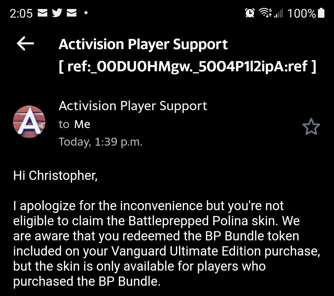 SinisterSkulll's tweet photo. Most disgusting email ever received from a Reputable Gaming Company @CallofDuty @SHGames @ATVIAssist what kind of con is this ? After playing and purchasing High Tier Editons of Call Of Duty since World At War never been so insulted. #CallofDuty #Vanguard #shgames #Activision https://t.co/2abwbrjCGr
