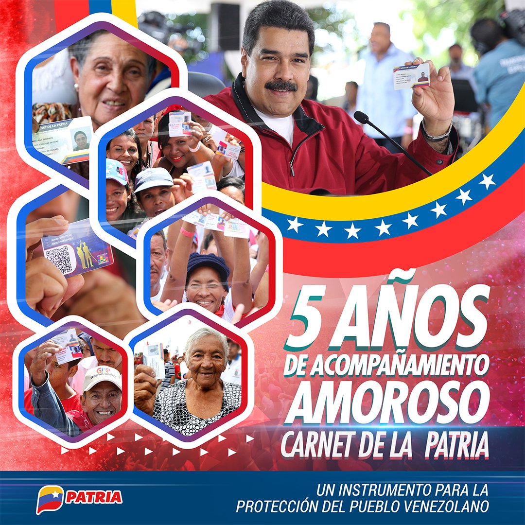 #5AñosDeCarnetDeLaPatria Este mes, el #SistemaPatria celebra un año más acompañando al pueblo, llevando el abrazo amoroso de la Revolución a cada hogar de Venezuela, ofreciendo protección integral.

¡Seguimos en batalla por la felicidad del pueblo!

#SomosDefensoresDePatria #7Ene