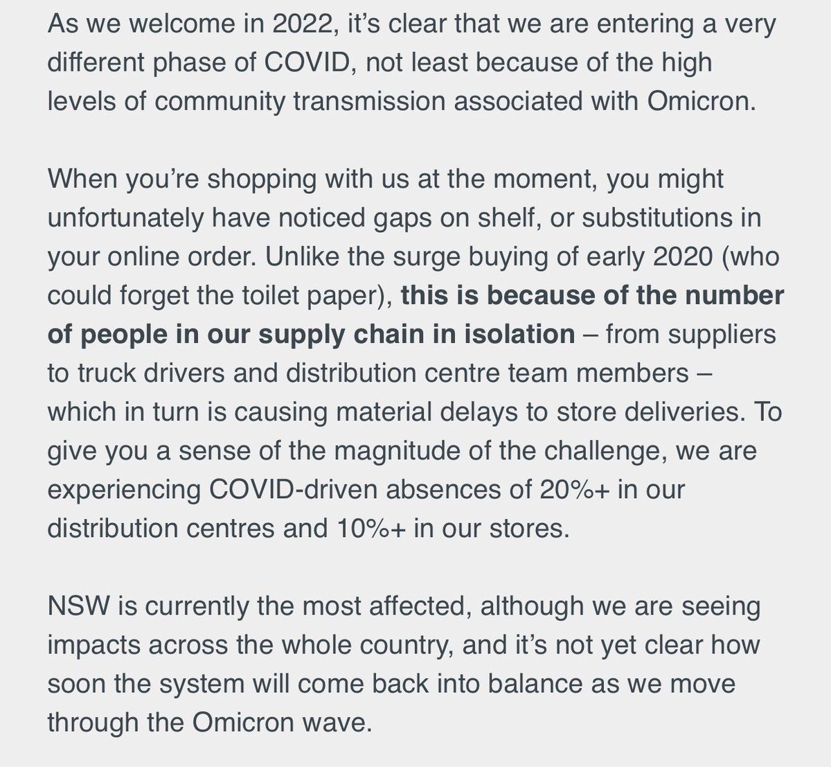 omarsakrpoet's tweet photo. From the Woolworths CEO. A reminder that all this was avoidable if only we had a government that prioritised our health, that had a nationally-consistent plan, that supported us to make the best decision for our continued wellbeing. This is an election year. Remember that. https://t.co/wmBqzDSr6m