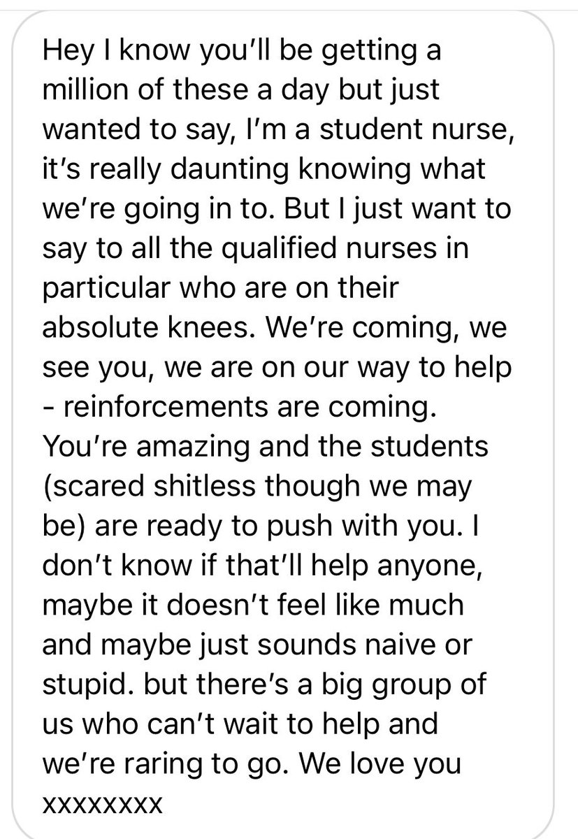 Amongst our many DMs we found this gorgeous and uplifting message from a student nurse to her qualified colleagues.. for us it is everything that is good about the NHS and why it can still survive. Absolutely heartening! Share share share #WeAreComing #cavalry #NHSstudentsrock RT