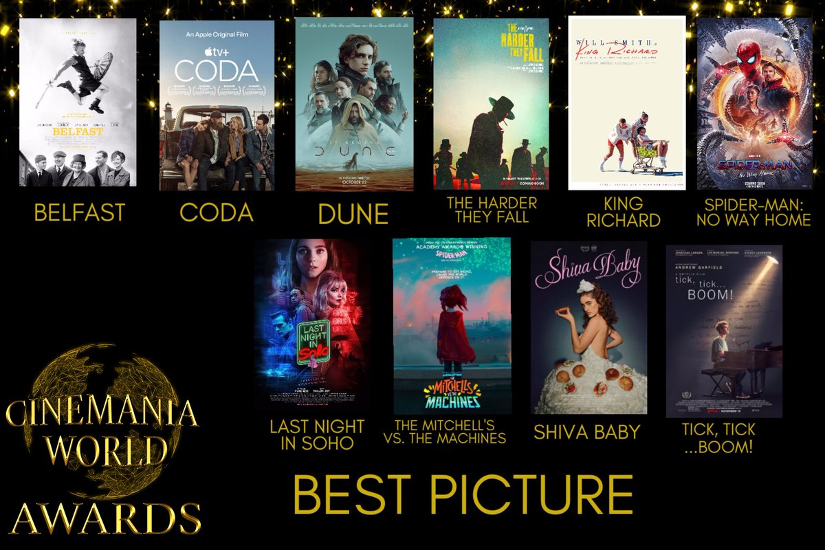 #CinemaniaWorldAwards Nominations!

Nominees for 'Best Picture'

#Belfast
#Coda
#Dune
#TheHarderTheyFall
#KingRichard
#SpiderManNoWayHome 
#LastNightinSoho
#TheMitchellsvsTheMachines
#ShivaBaby
#TickTickBOOM

Vote for your favorite below! Thank you for all your votes this week!