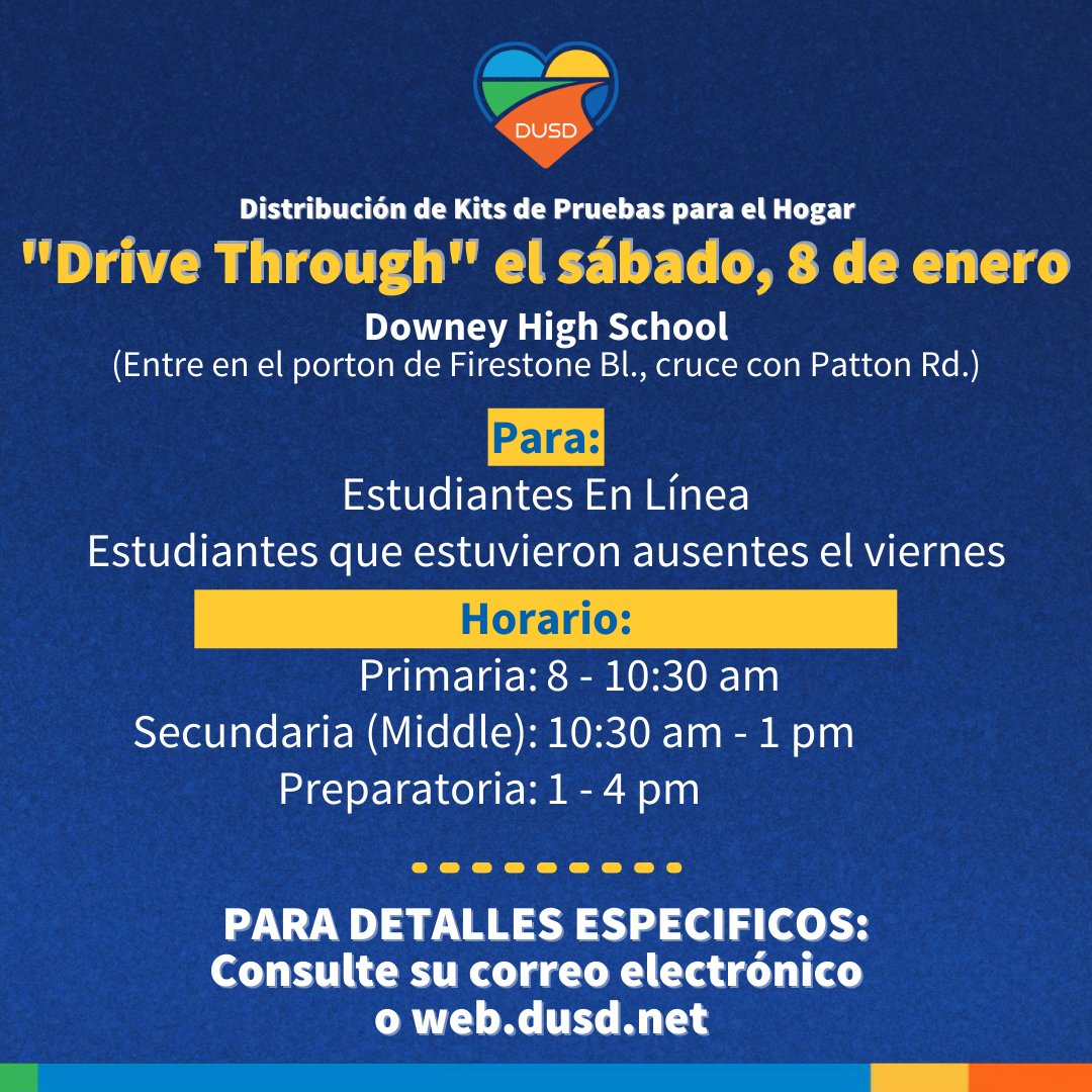 For those students absent today &amp; any of our students enrolled in online learning, please remember that  a Drive Through is scheduled tomorrow for anyone interested in picking up an At-Home Test Kit. Please enter the gate located on Firestone Blvd. &amp; Patton Rd...
