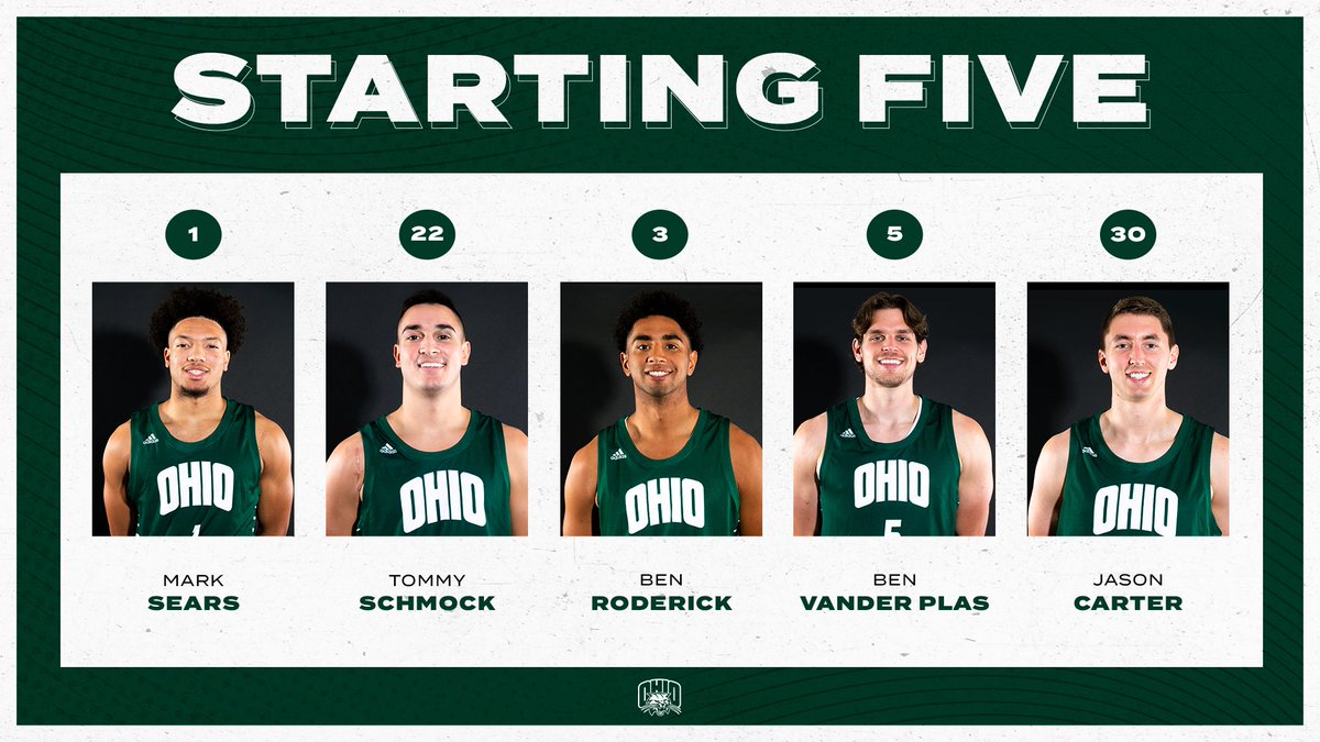 OhioMBasketball's tweet photo. Tonight's starting five!

Tommy Schmock earns his first start as a Bobcat. 

Miles Brown is out tonight due to COVID-19 protocols. https://t.co/x2fW4egw76