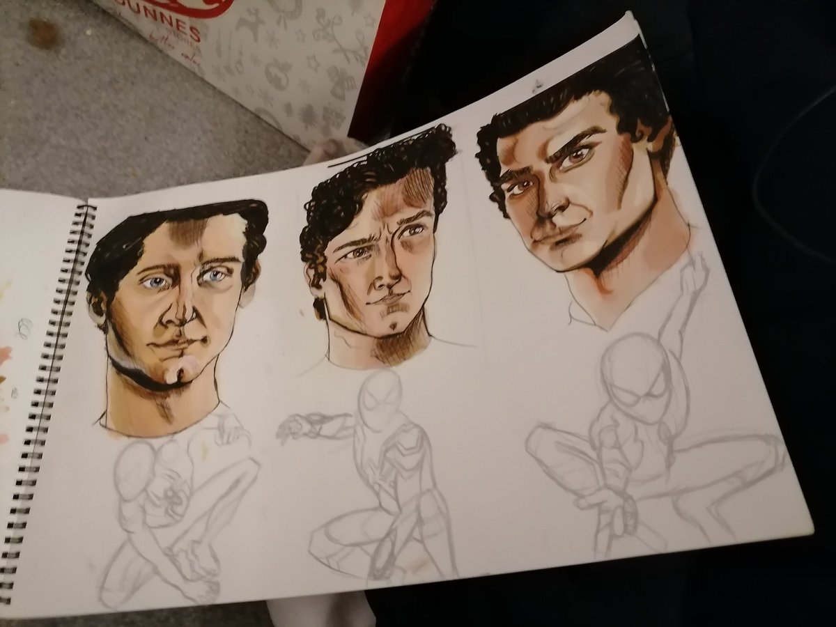 Progress report because no one follows me here 😂 got covid, had to isolate, got so bored I decided to draw the spider men. In colour.