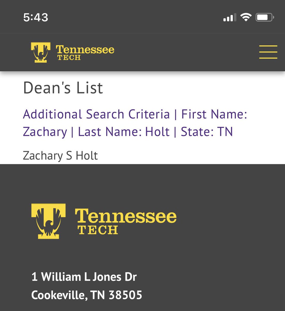 Tennessee Tech recently released the Dean’s List for the Fall 2021 semester.  Very proud of my son, Zachary Holt, for making the Dean’s List his first semester as a Freshman!🎉#WingsUp 🦅 #SchoolofEngineering