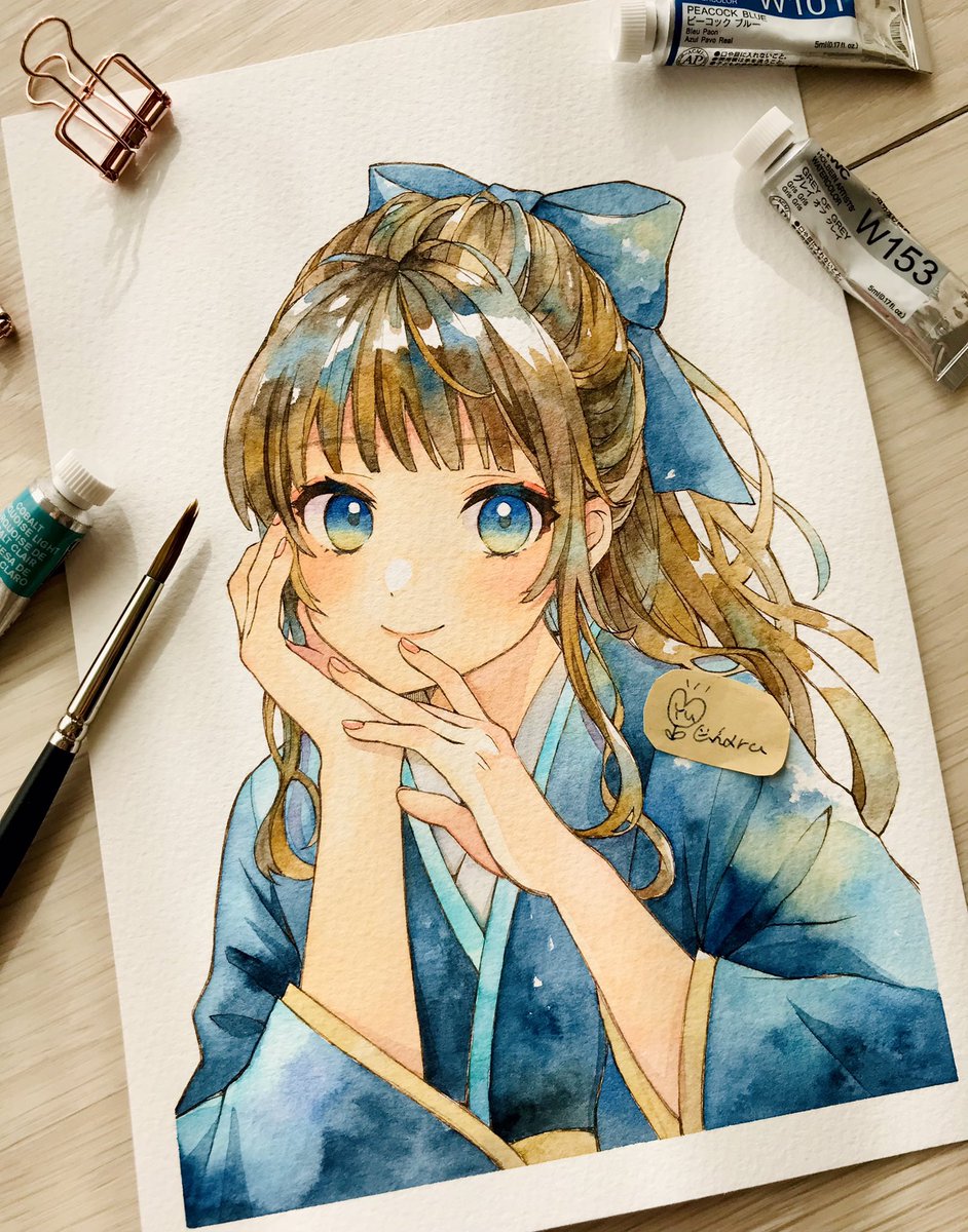 1girl traditional media solo blue eyes blue bow japanese clothes bow  illustration images