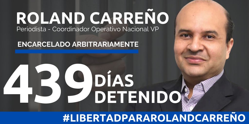infocracia's tweet image. Hoy #7Ene el periodista venezolano y Coordinador Operativo Nacional de Voluntad Popular, Roland Carreño @rolandcarreno cumple 439 días detenido arbitrariamente. 
 
Exigimos su liberación #LibertadParaRolandCarreño