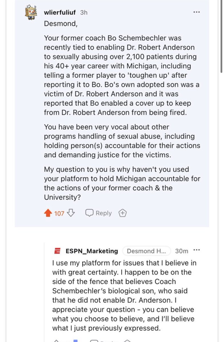 msupeach's tweet photo. This is from Desmond Howard’s AMA today. An absolute embarrassment of an answer that speaks volumes to his character. Everyone should be calling this nonsense out. https://t.co/p0oDApBF2L