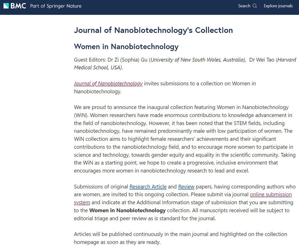 Zi Sophia Gu (@sophiazigu) on Twitter photo We (Prof Wei Tao <a href="/WeiTaoLab/">Wei Tao</a> from <a href="/harvardmed/">Harvard Medical School</a> and I) are proud to announce the Women in Nanobiotechnology (WiN) collection <a href="/JNanobiotech/">Journal of Nanobiotechnology</a>. The WiN will highlight female researchers’ achievements and significant contributions to the nanobiotechnology field. biomedcentral.com/collections/wo… We (Prof Wei Tao <a href="/WeiTaoLab/">Wei Tao</a> from <a href="/harvardmed/">Harvard Medical School</a> and I) are proud to announce the Women in Nanobiotechnology (WiN) collection <a href="/JNanobiotech/">Journal of Nanobiotechnology</a>. The WiN will highlight female researchers’ achievements and significant contributions to the nanobiotechnology field. biomedcentral.com/collections/wo…