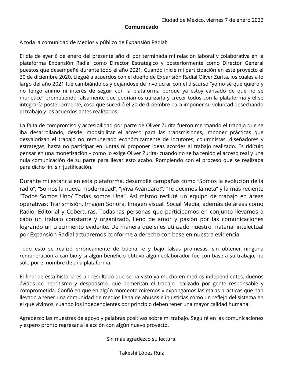 TakeshiLopez's tweet photo. 🚨Colaboradores, amigos, radioescuchas y medios🚨
Acá el comunicado de mi salida de #ExpansiónRadial.
Abrazos. https://t.co/qIky4ABuTr