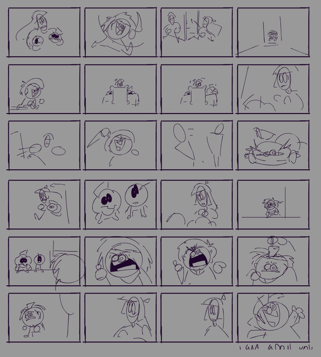 This time I started way early, but I was confused with the idea. At the begining it was normal weather, no winter, and I remember how people were confused with UG, so I tried to make conect with every character, like a "hot potato" game. Here's some of the Story board ideas.