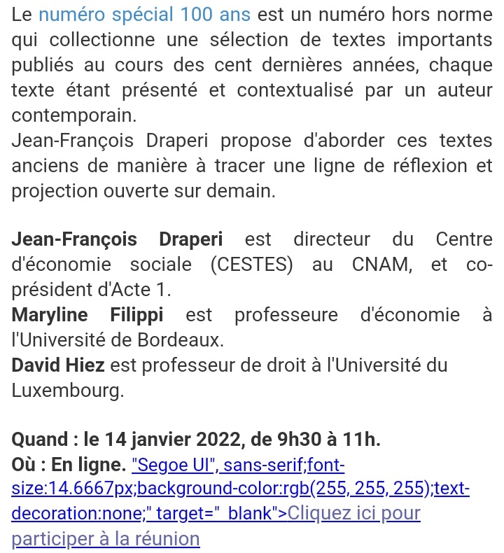 [#Ess - Dialoguer] Le 14/01 à 9h30, ⚠️ en #ligne : "Les #Dialogues de la <a href="/RevueRecma/">Recma</a> 💯Ans !" sur le thème "De la suprématie des #marchés à la réemergence des #communs" w/ JF.#Draperi, <a href="/FilippiMarylin1/">Filippi Maryline</a> et D.#Hiez cc <a href="/CoopFR/">CoopFR</a> <a href="/ESS_France/">ESS France</a> @LesCommuns ⤵️