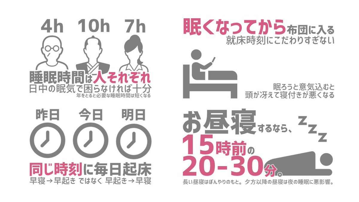 ph_autumm's tweet photo. 今年は睡眠薬の服薬指導や処方提案だけではなく、睡眠衛生指導もちゃんとできるようになりたいと思い少し勉強しています。

患者さんの説明に使えるような資料を作ろうと気の向くままに制作していたのですが、統一感ゼロで使いにくそうなのが完成してしまいました😇 https://t.co/6hkGdVe5Lc
