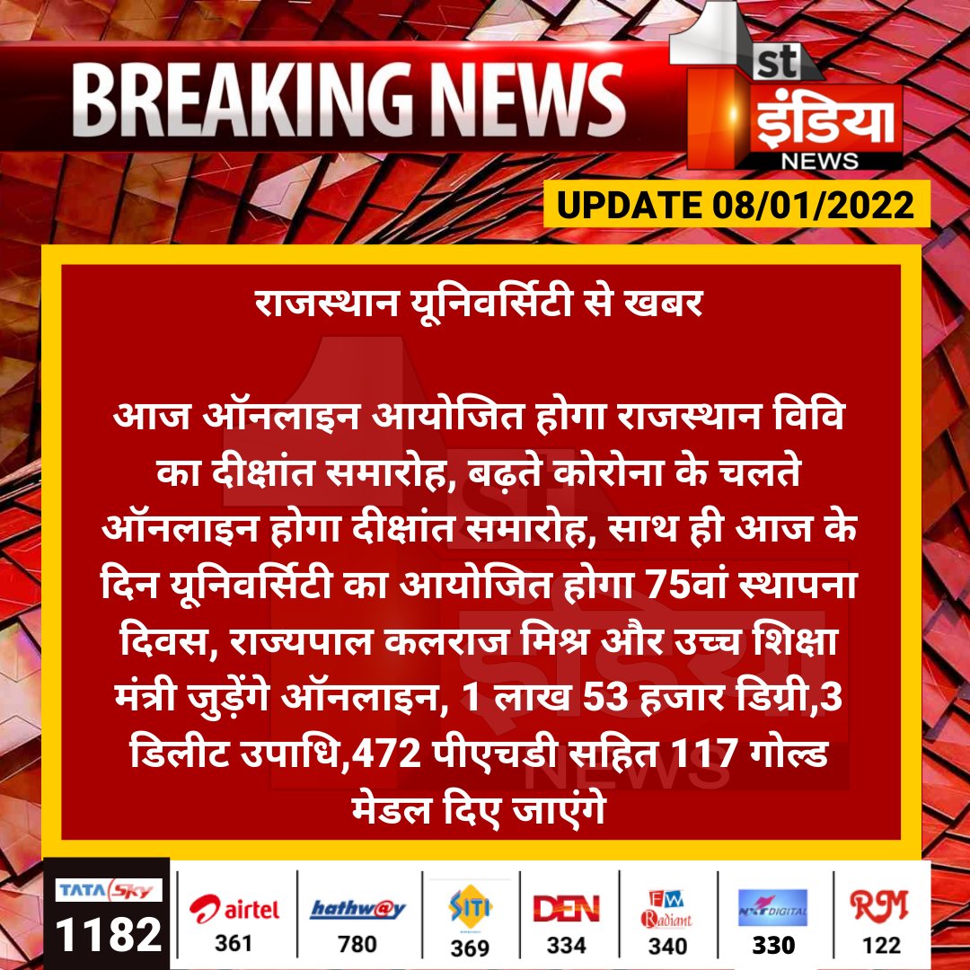 1stIndiaNews's tweet photo. राजस्थान यूनिवर्सिटी से खबर
आज ऑनलाइन आयोजित होगा राजस्थान विवि का दीक्षांत समारोह, बढ़ते कोरोना के चलते ऑनलाइन होगा दीक्षांत समारोह...
@KalrajMishra #RUConvocation https://t.co/uniGsTuBbA