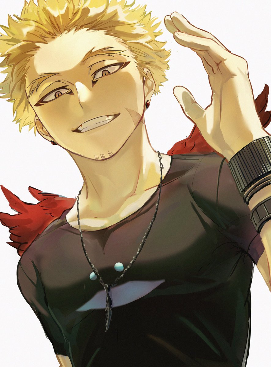 hawks (boku no hero academia) 1boy male focus blonde hair solo jewelry shirt wings  illustration images