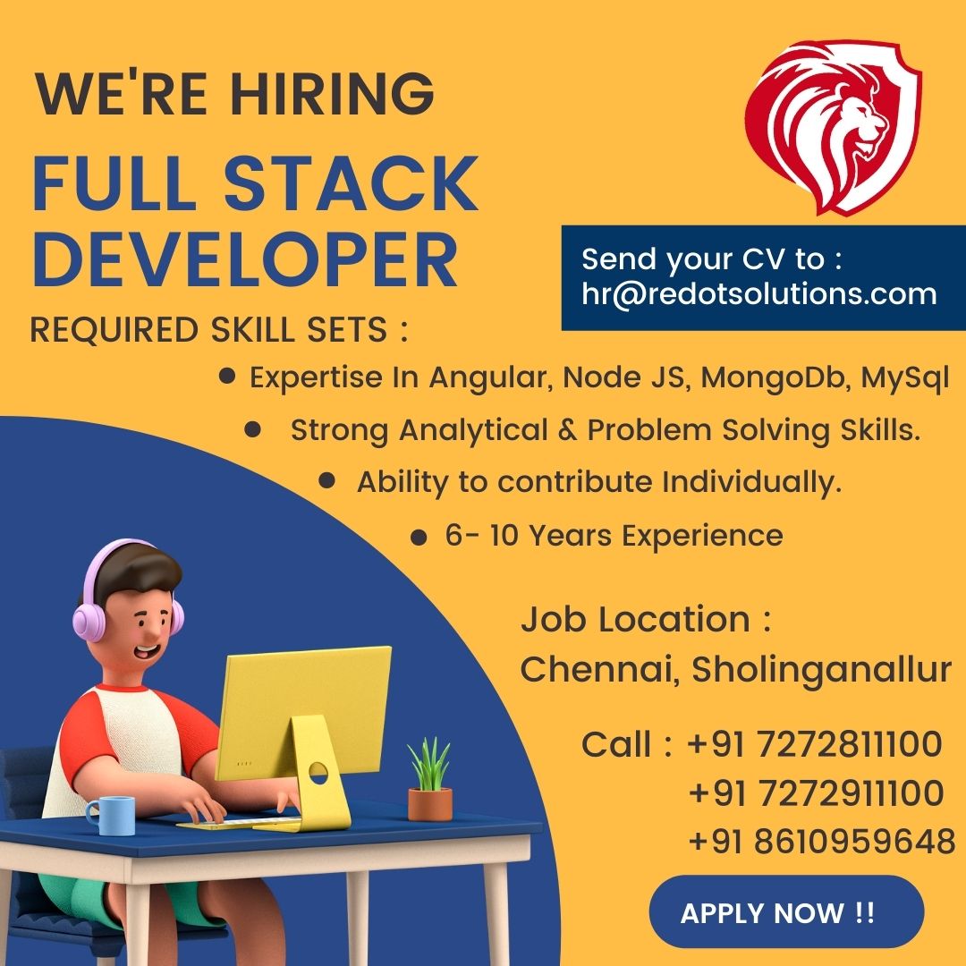 RedotSolutions's tweet image. We are hiring !!
#FullStackDeveloper with 6-10 years of experience.
Job Role - Angular Full Stack Developer
Job Location : Chennai, Sholinganallur
Skills Required : #Angular, #Node JS, #Mongodb, #MySql
Never Miss Out!!
Drop your resume at : hr@redotsolutions.com
#hiringnow