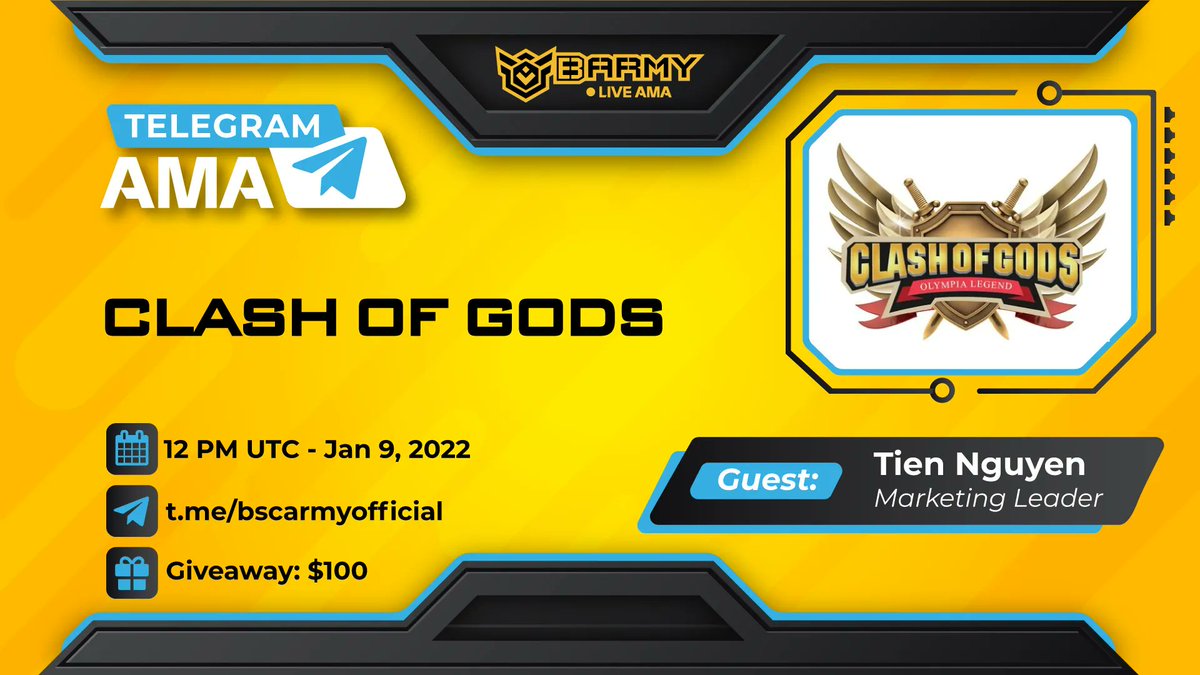 🔊#Barmy x #ClashofGods Tele AMA! 

⏰ Time: 12 PM UTC | Jan 9th 
📌 Venue: t.me/barmyofficial

🎁Prize: $100 #giveaway 

🔘Rules 
🔸Rt, Cmt your question & Tag 3 🙆on this Tweet 
🔸Join  t.me/apefarmeryields
🔸Follow @infoclashofgods | @bscarmyofficial