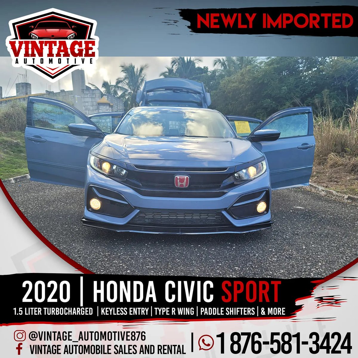 OVER_RICH's tweet photo. 2020 Honda Civic Sport Hatchback 
! Newly Imported! 
1.5 L Turbocharged 
5,600 Miles 
Paddle Shifter 
Carbon Fibre Lip 
Akropovic Exhaust Tips 
Type R Wing Spoiler 
JDM Emblems 
Lowered 2.0" 
Lane Keep Assist 
PRICE: 4,250,000 JMD (NEG)

Call/Whatsapp 876-791-4014/ 904-258-2563 https://t.co/GT5AWZnXPf