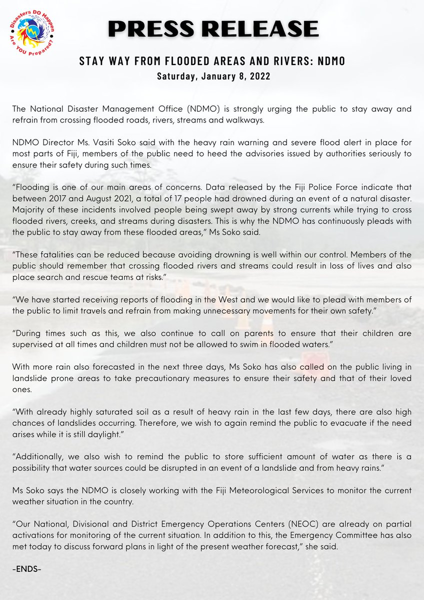 FijiNDRMO's tweet photo. 📢PRESS RELEASE📢

➡️17 people drowned during an event of a natural disaster between 2017 and August 2021
➡️Majority of these involved people being swept away by strong currents while trying to cross flooded rivers, creeks, &amp; streams during disasters
⚠️STAY WAY FROM FLOODWATERS‼️ https://t.co/suEuwSa0cT