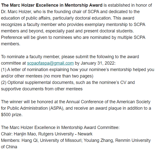 AspaScpa's tweet photo. Call for Nominations! SCPA invites you to nominate for two SCPA awards -- SCPA Article of the Year and Marc Holzer Excellence in Mentorship Award. We look forward to receiving your nominations materials!
@ASPANational  @alfredmwu  @Elaine_Yi_Lu @HanjinMao @Sailing_HQ1123 https://t.co/m6aBgIumGz