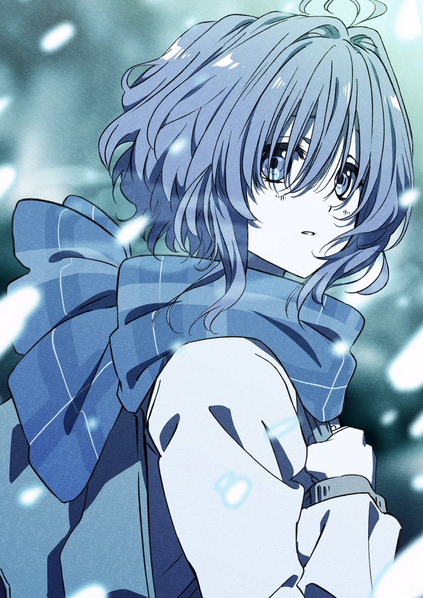 1girl scarf solo short hair monochrome blue theme upper body  illustration images