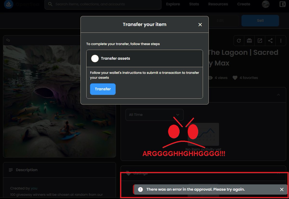 I can't tell you how annoying it is to attempt a Polygon giveaway and NOT be able to giveaway the NFTs lol. It's been 3 days now.. I want to giveaway this NFT to 100 lucky winners! Thanks Polygon, arggh! 

#polygon #opensea #NFT #NFTs #nftcommunity #nftcollection #nftlaunch