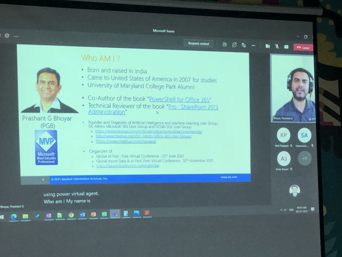 Kirti Prajapati (@kirtipprajapati) on Twitter photo <a href="/pgbhoyar/">Prashant G Bhoyar, Microsoft AI MVP</a> is speaking about Building Intelligent Enterprise-Grade Help Desk Bots using Power Virtual Agents.
Join us: bit.ly/3F1BC8B
#M365Ahmedabad #SPSAhmedabad #spsevents #PowerVirtualAgents <a href="/pgbhoyar/">Prashant G Bhoyar, Microsoft AI MVP</a> is speaking about Building Intelligent Enterprise-Grade Help Desk Bots using Power Virtual Agents.
Join us: bit.ly/3F1BC8B
#M365Ahmedabad #SPSAhmedabad #spsevents #PowerVirtualAgents