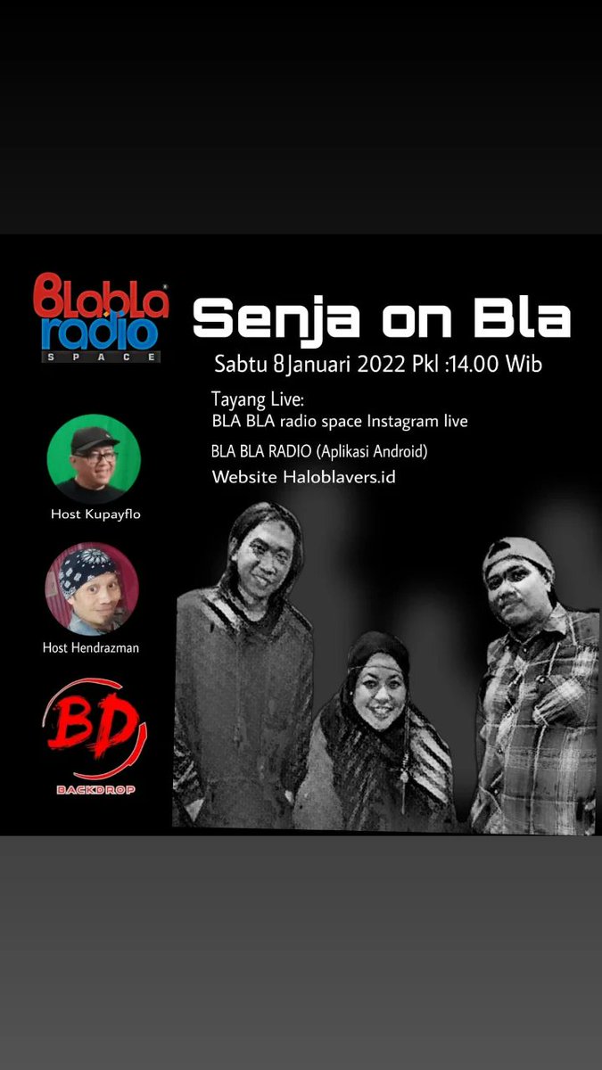 Saksikan Penampilan Kami di BlaBla Radio Bandung @blablaradiospace 
Jam 14 : 00 Wib 
Tanggal 8 Januari 2022
Bersama Host2 yang Keren.
Official Bisa Streaming dan Download  Blabla Radio Di Goggle Play - 
Selalu Dengerkan Blabla Radio Radio Asyik Radionya 
#radio #talkshow