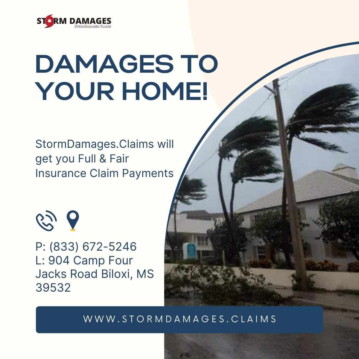 Damages to your Home!

StormDamages.Claims will get you Full &amp; Fair Insurance Claim Payments

#stormdamages  #Insuranceclaims #FireDamage #FloodDamage #WaterDamage #WindDamage #tornadoes  #hurricanes #InsuranceCompany #commercialinsurance #insuranceloss #lawyer #florida