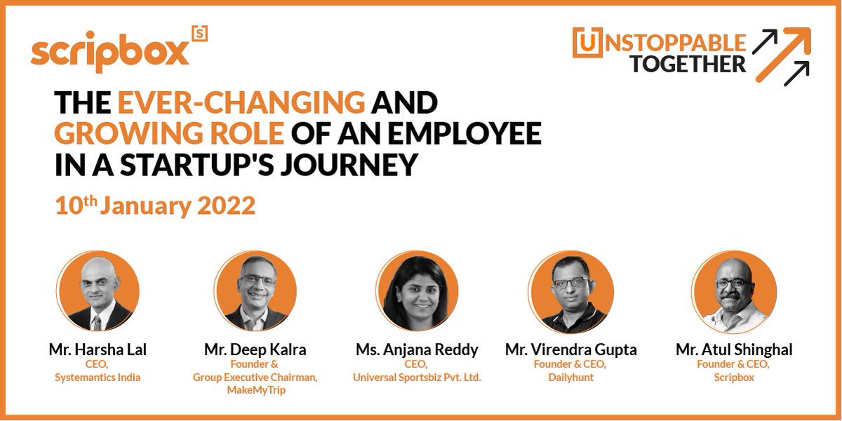 scripbox's tweet photo. How does a startup’s journey shape its employees’ roles? Well, wouldn’t we want to talk about that! Let’s hear it from our panelists Mr. Harsha Lal, @DeepKalraMMT, @atredd and @viru21.
 #fintech #startup #entrepreneur https://t.co/Zd3hULfvHL