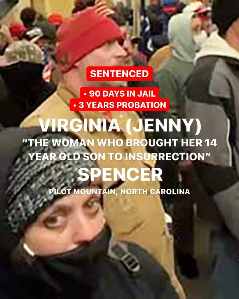 Jenny Spencer, the woman who — with her husband — brought her 14-year-old son to the January 6 Capitol Attack, has been sentenced to 90 days behind bars and 3 years probation.

Before handing down her sentencing, U.S. District Judge Colleen Kollar-Kotell… https://t.co/ETvV8lSuVs https://t.co/iB30CqqZ6v