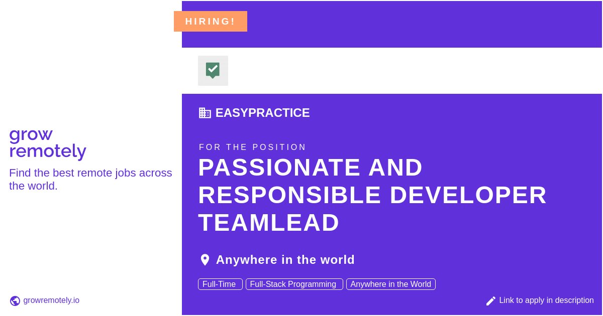 growremotelyio's tweet image. Check out this job at EasyPractice for the position Passionate and Responsible Developer Teamlead.

 Apply link: growremotely.io/?id=61d8d46fae…

#hiring #remotejobs #EasyPractice #Programming