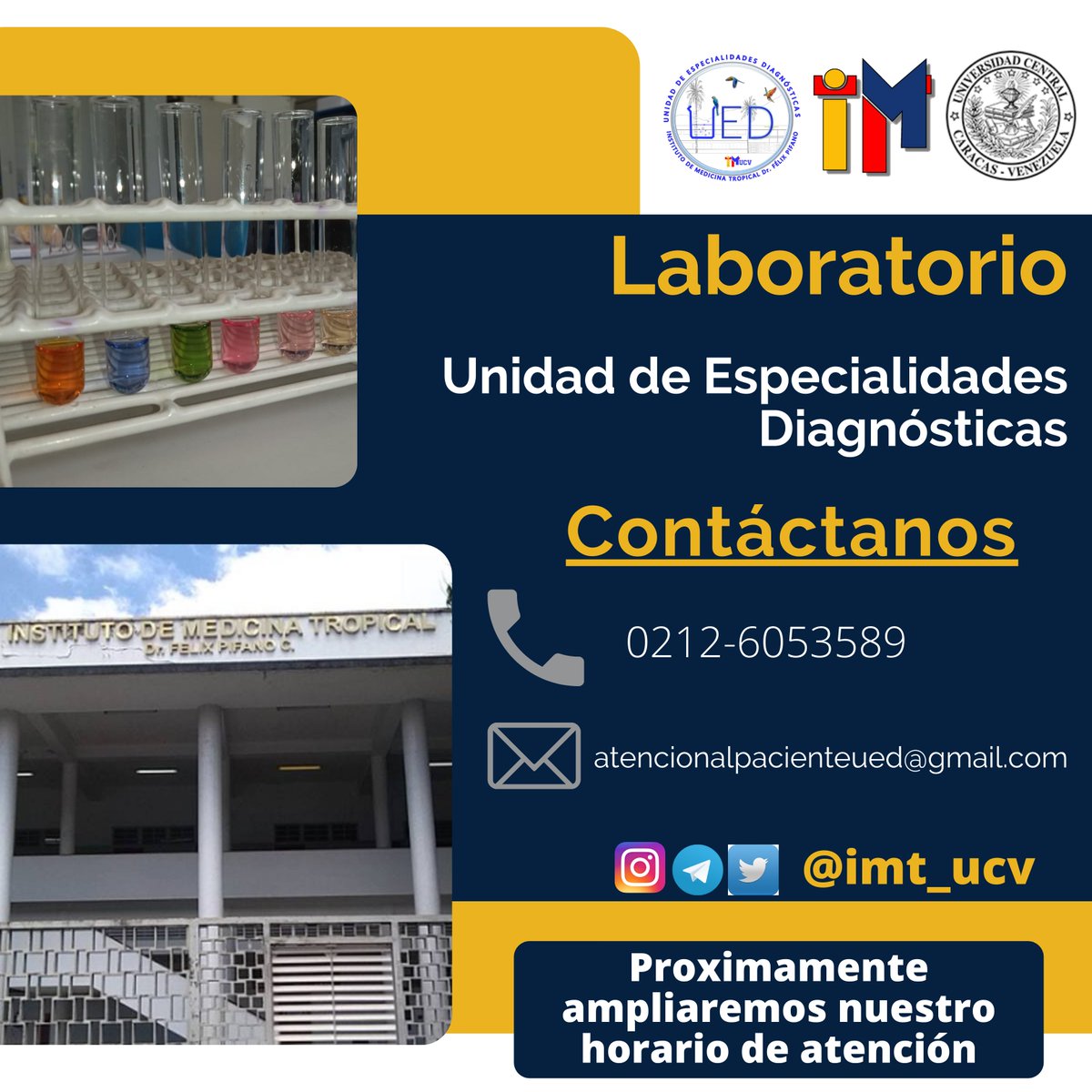 imt_ucv's tweet image. El Instituto de Medicina Tropical ofrece sus servicios de laboratorio a través de la Unidad de Especialidades Diagnósticas.
Laboratorios especializados y de rutina  a precios solidarios, con la calidad y prestigio que caracteriza al IMT como centro de referencia nacional