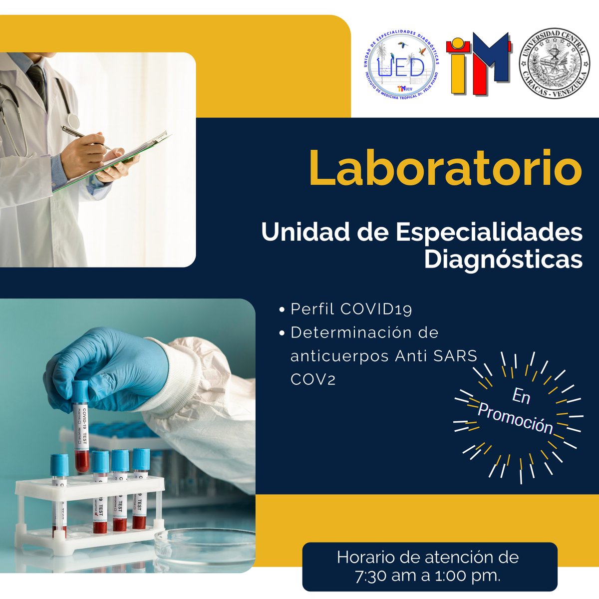 imt_ucv's tweet image. El Instituto de Medicina Tropical ofrece sus servicios de laboratorio a través de la Unidad de Especialidades Diagnósticas.
Laboratorios especializados y de rutina  a precios solidarios, con la calidad y prestigio que caracteriza al IMT como centro de referencia nacional