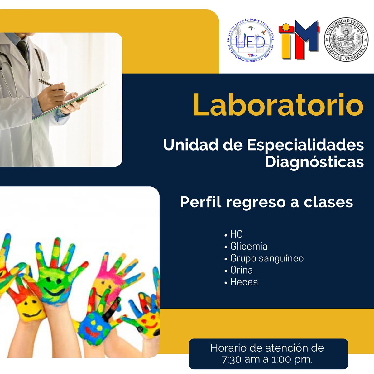 imt_ucv's tweet image. El Instituto de Medicina Tropical ofrece sus servicios de laboratorio a través de la Unidad de Especialidades Diagnósticas.
Laboratorios especializados y de rutina  a precios solidarios, con la calidad y prestigio que caracteriza al IMT como centro de referencia nacional