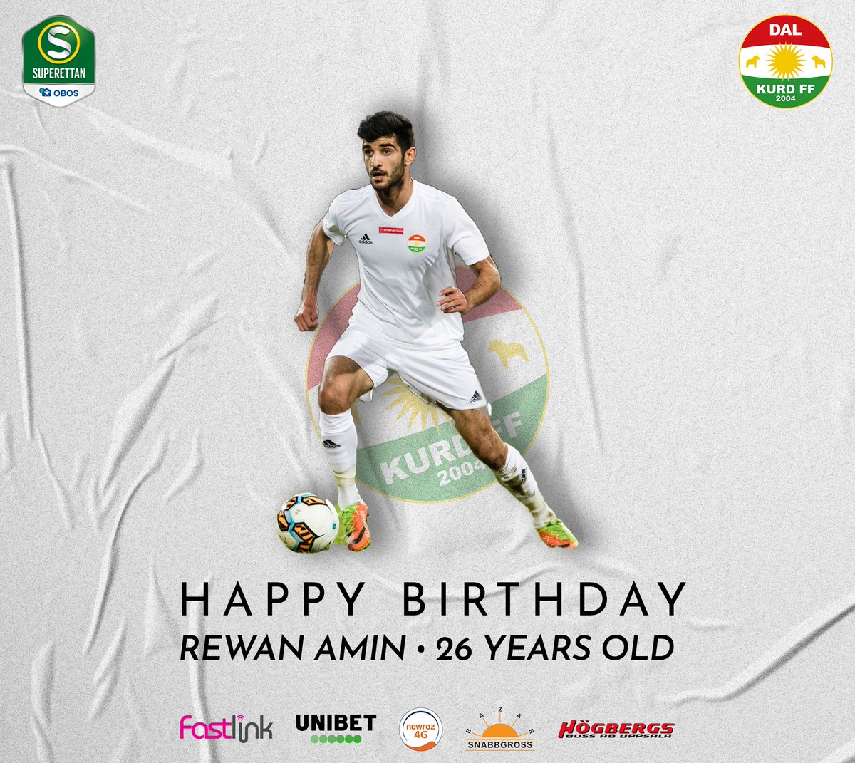 🎂 🎉 پیرۆزبایی لە رێوان ئەمین دەکەین، ئەمڕۆ تەمەنی بوو بە 26 ساڵ، رۆژی لە دایکبوونت پیرۆز بێت رێوان.

//

Em Rewan Amin pîroz dikin, ku îro dibe 26 salî. Rojbûna te pîroz be <a href="/RewanAmin/">Rewan Amin</a>!

#DalkurdFF #Superettan