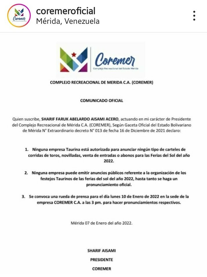 gjgrisolia's tweet image. Comunicado COREMER  #Merida #coremer #FIS2022 #tauromaquia #plazadetoros