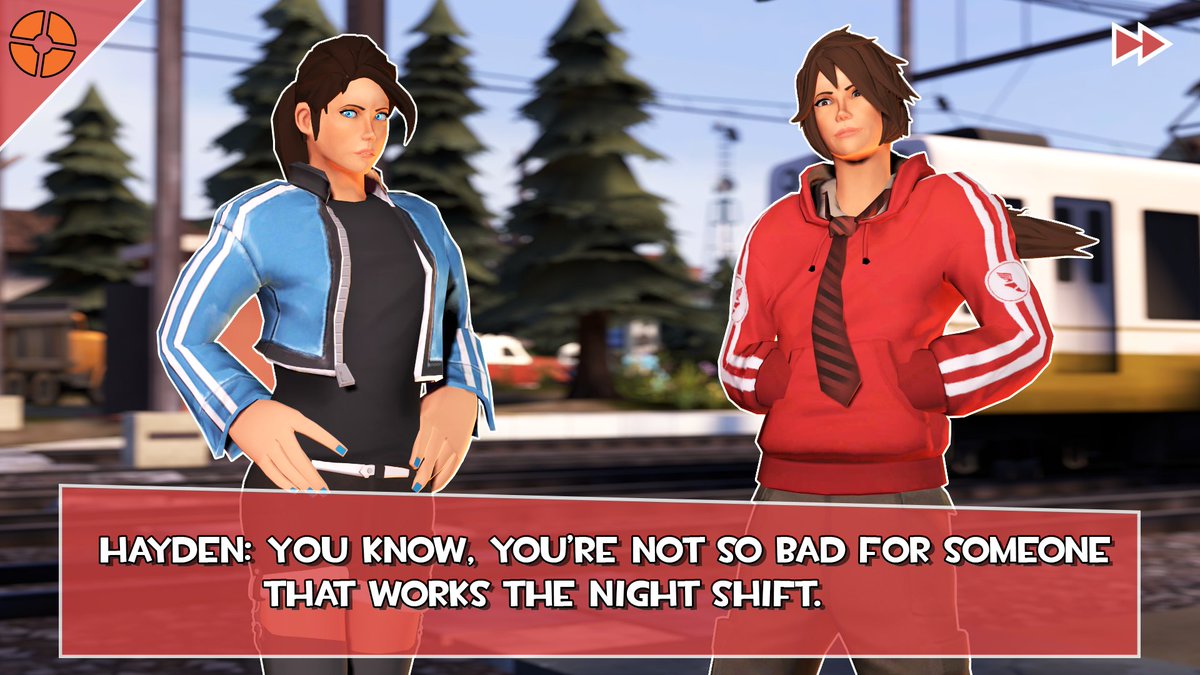 UnWellerman's tweet image. "Femscout Dating Sim" featuring @GoodGuyCandy 

I've been playing a lot of visual novels lately. I might make an "ending" for these two.