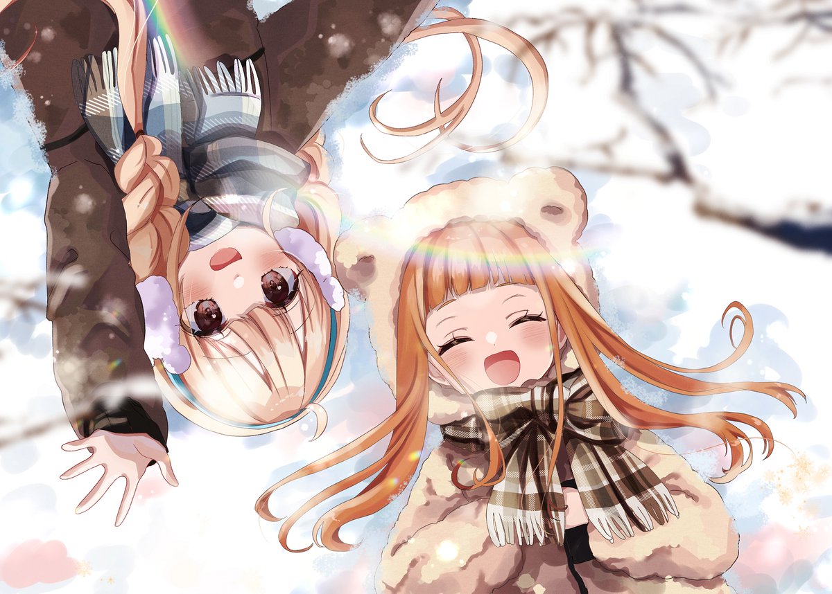 ichihara nina multiple girls 2girls scarf smile closed eyes lying open mouth  illustration images