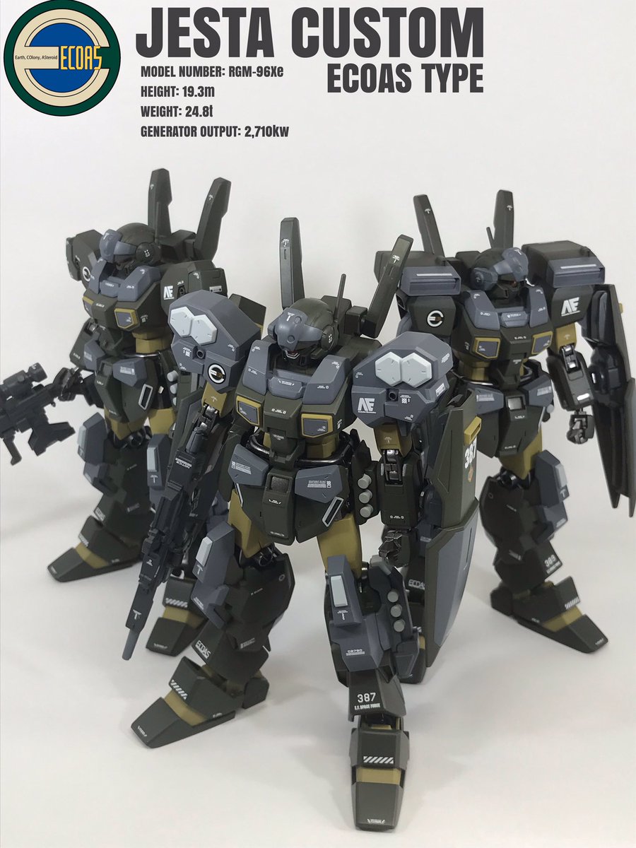 KOSSER8's tweet photo. ECOAS仕様ジェスタ作成しました。過去作のジェガンとジムⅢと一緒に撮影したECOAS MS隊もカッチョe〜 GUNSTAさんにも投稿してます。#ガンプラ #ECOAS #ジェスタ https://t.co/VaOIybjs23