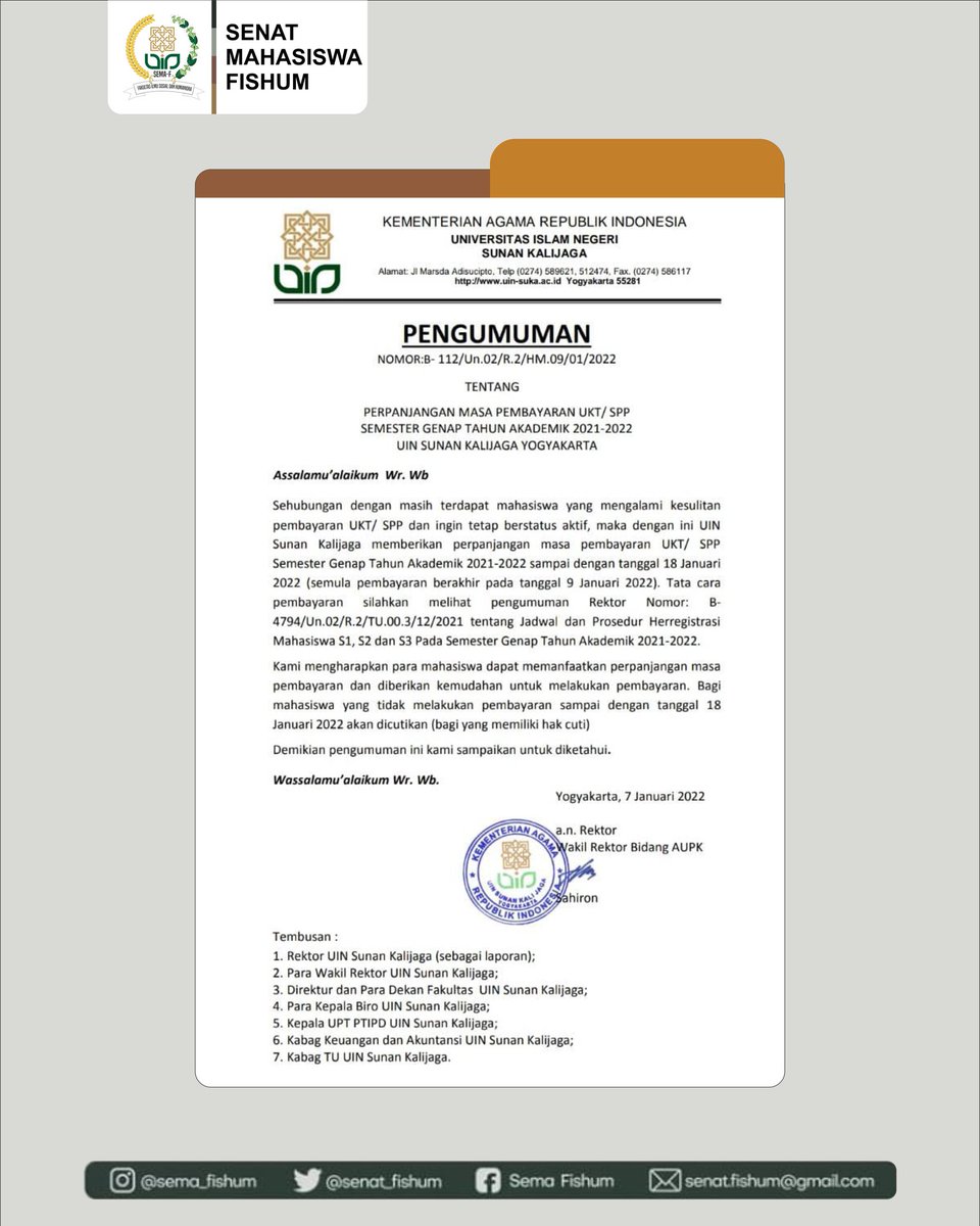senat_fishum's tweet photo. Kabar gembira, Lur.😊
Kami selaku Senat Mahasiswa Fakultas Ilmu Sosial dan Humaniora memberikan informasi bahwasannya telah di perpanjangan masa pembayaran UKT semester genap 2022.

UKT semula ditutup pada tanggal 9 Januari 2022 menjadi 18 Januari 2022 https://t.co/2U9t9TXmMv