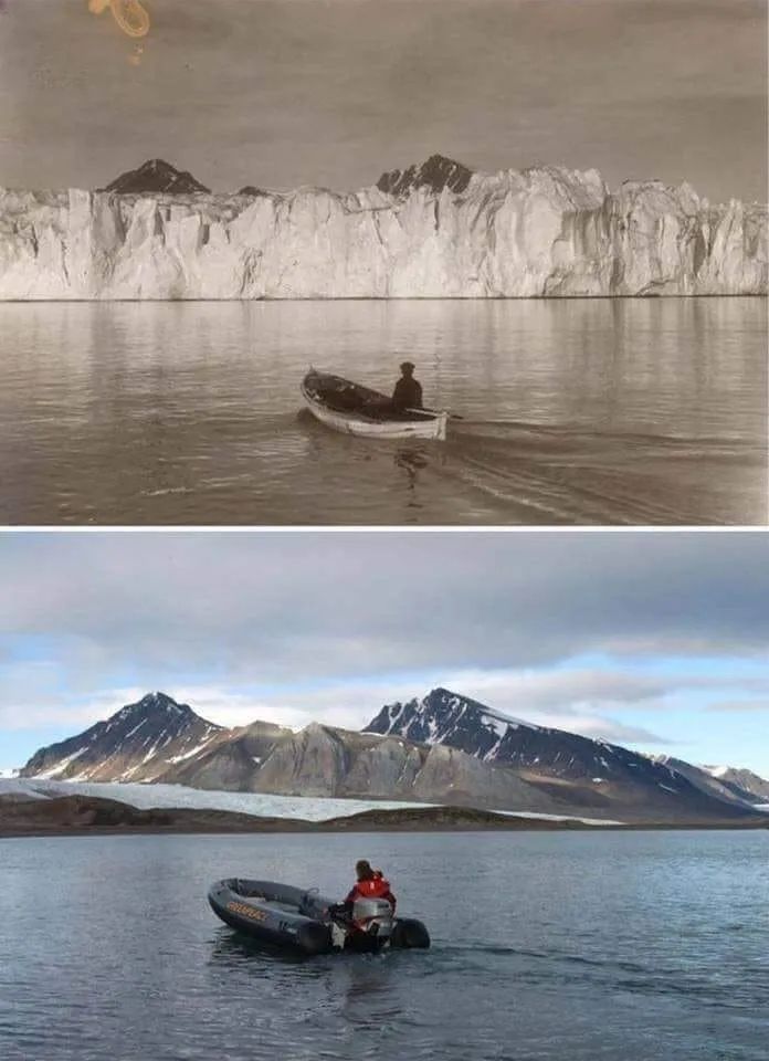 The historical photo was taken in 1928 from Svalbard, between Norway and the North Pole. The newer photo was taken in 2002.

© Historic Photographs

#archaeohistories