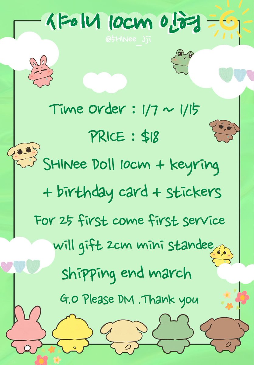 [Please RT] 샤이니 10cm 인형 Order

일정 : 1/7  ~ 1/15 ( 선착순특전 25 스탠디 미니 2cm ) 

Link : docs.google.com/forms/d/1V9YZ6…

25 first come first service will get mini standee 2cm ✅

#종현 #키 #태민 #민호 #온유 #샤이니 #SHINee     #SHINeedolls  #5HINeedolls #keyringdoll