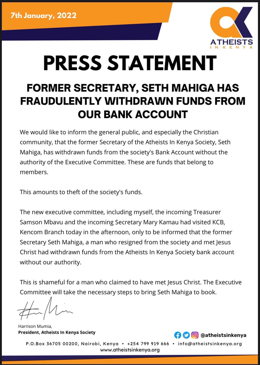 FerdyOmondi's tweet photo. The former Secretary of Atheists in Kenya has quit the Society, and allegedly withdrawn funds from the society's bank account - "after meeting Jesus Christ". https://t.co/7cQVJP5Azw