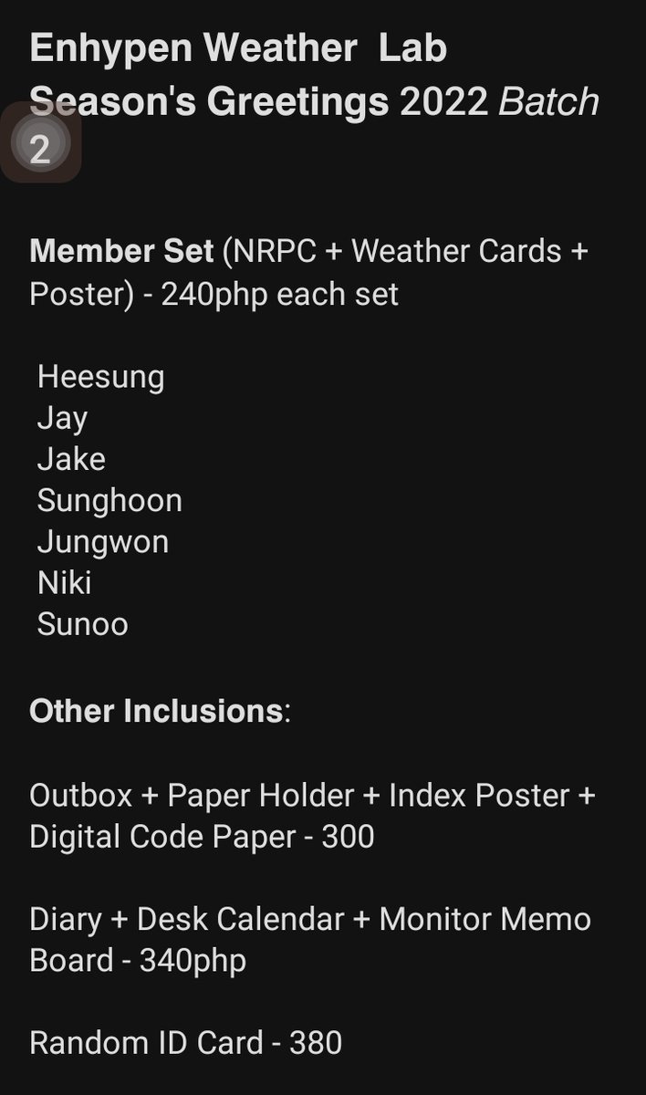 kali_cart's tweet photo. WTS | LFB | PH ONLY || #KaliSells
Enhypen Weather Lab Season's Greetings 2022
• Normal ETA ( Feb - March )
• DOP : PAYO - 3 days
• Gcash Only / GGX, SCO
• need 5 member set makuha to push thru^^
reply 'mine + item/s'
☾︎ enhypen sg2022 weather lab tingi https://t.co/tJ55sJU3k5