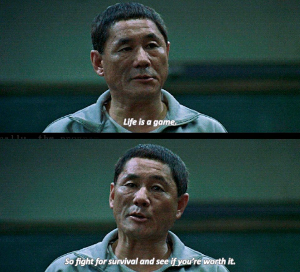 Life is a game. So fight for survival and see if you're worth it. Takeshi  Kitano in Battle Royale (2000), image size:962x874