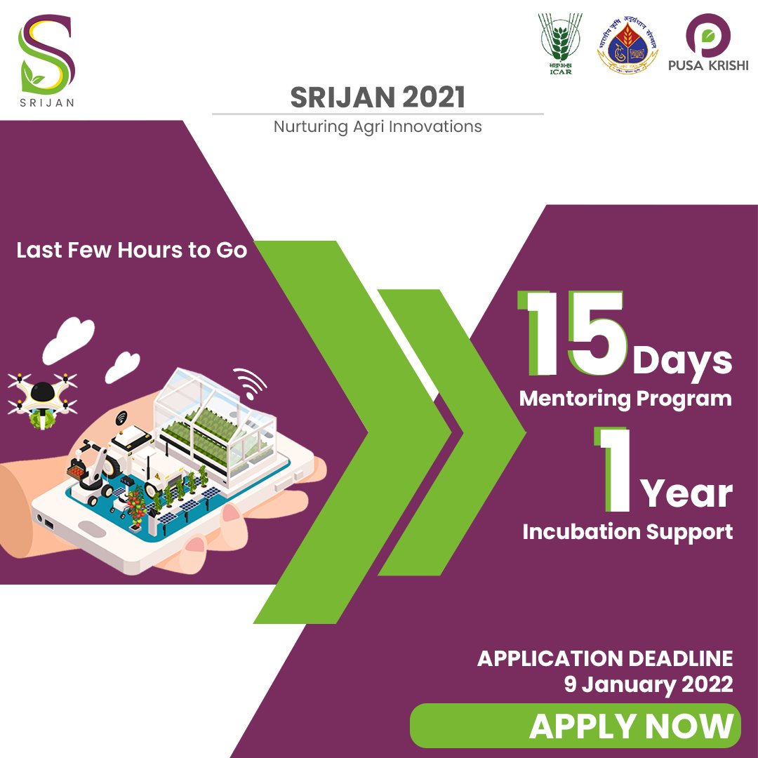 PusaKrishi's tweet photo. Last 2 days to apply for SRIJAN 2021. HURRY!!!🚨
Applications are closing tomorrow at 11:59 PM – don't miss out!
Apply now to be a part of our extensive 15-day mentoring sessions followed by 1 year of incubation support at Pusa Krishi, ICAR-IARI.
Apply at: https://t.co/XI51p8xe5o https://t.co/TM8N8FOafB